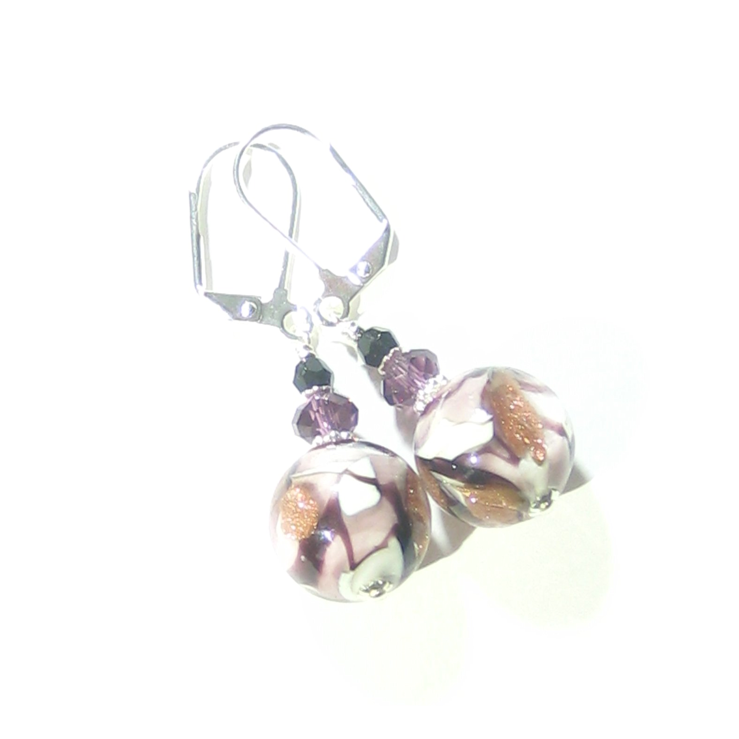 Murano Glass Purple White Swirl Ball Sterling Silver Earrings - JKC Murano