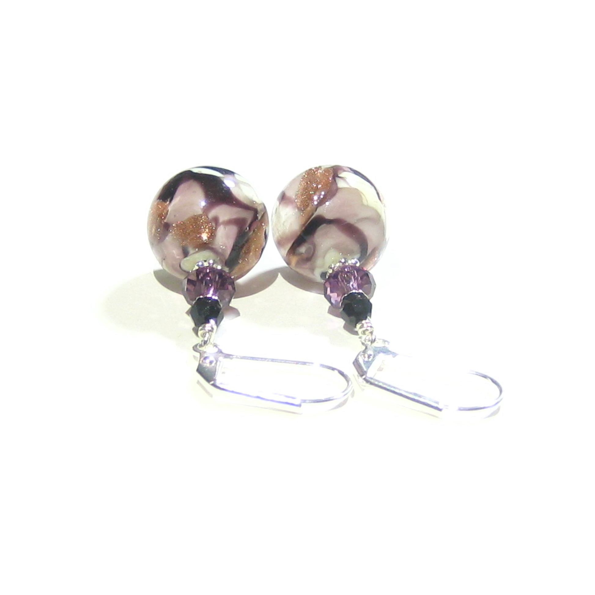 Murano Glass Purple White Swirl Ball Sterling Silver Earrings - JKC Murano