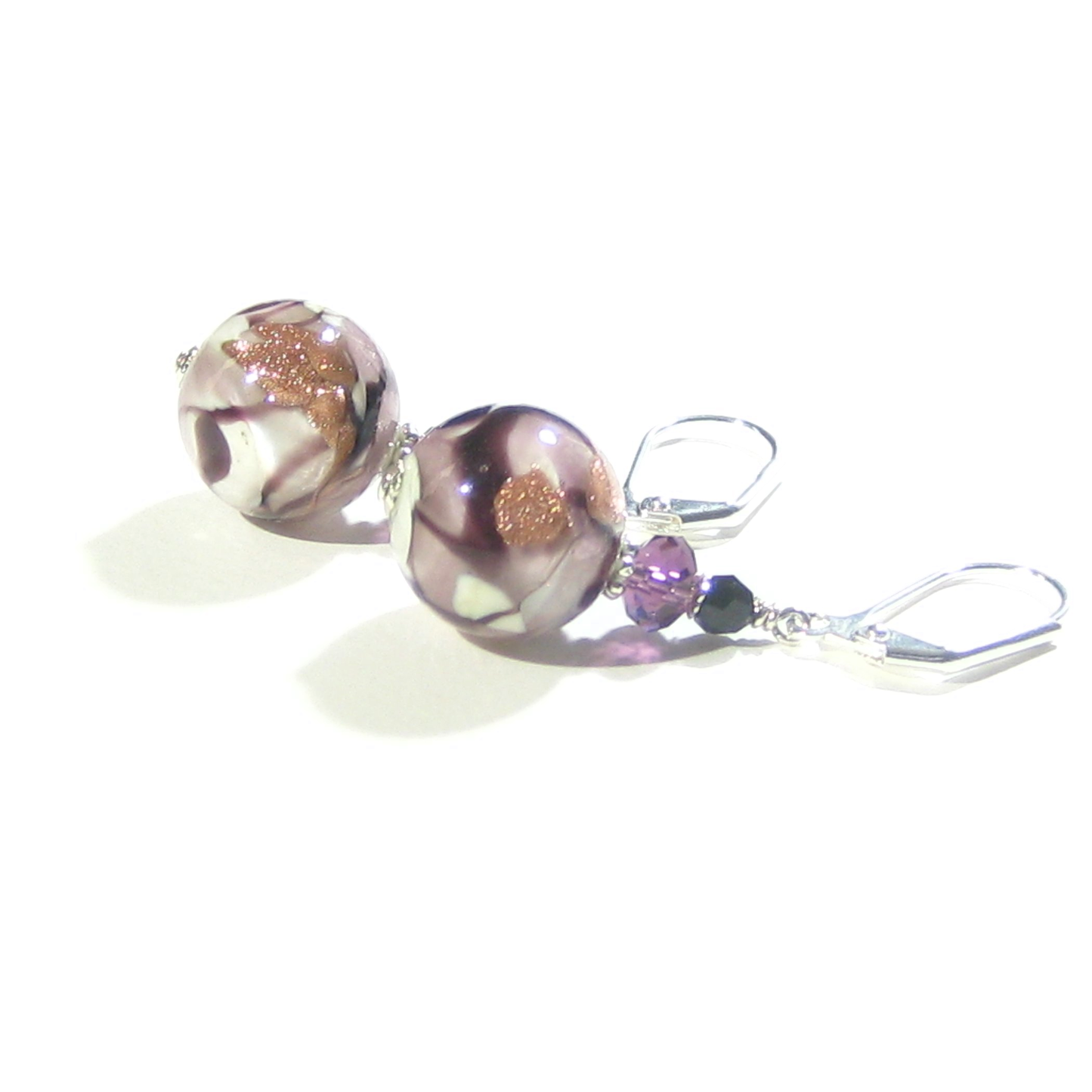 Murano Glass Purple White Swirl Ball Sterling Silver Earrings - JKC Murano