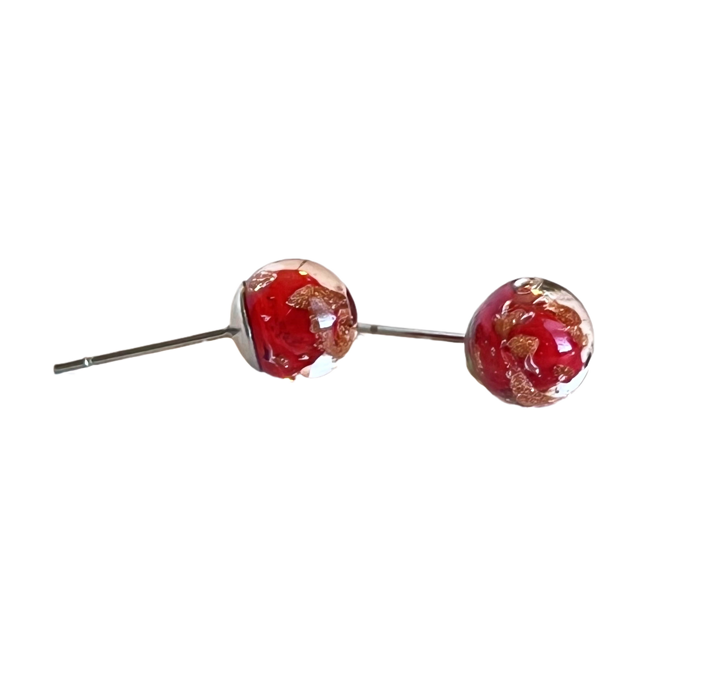 Murano Red Copper Ball Post  Earrings, Studs