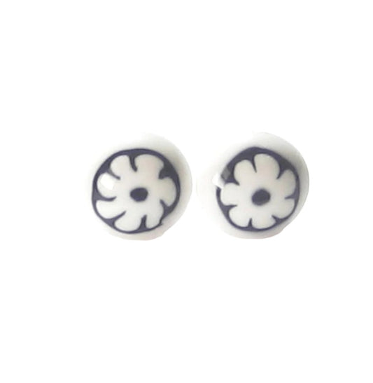 Murano Glass Black White Millefiori Flower Post Earrings, Stud - JKC Murano