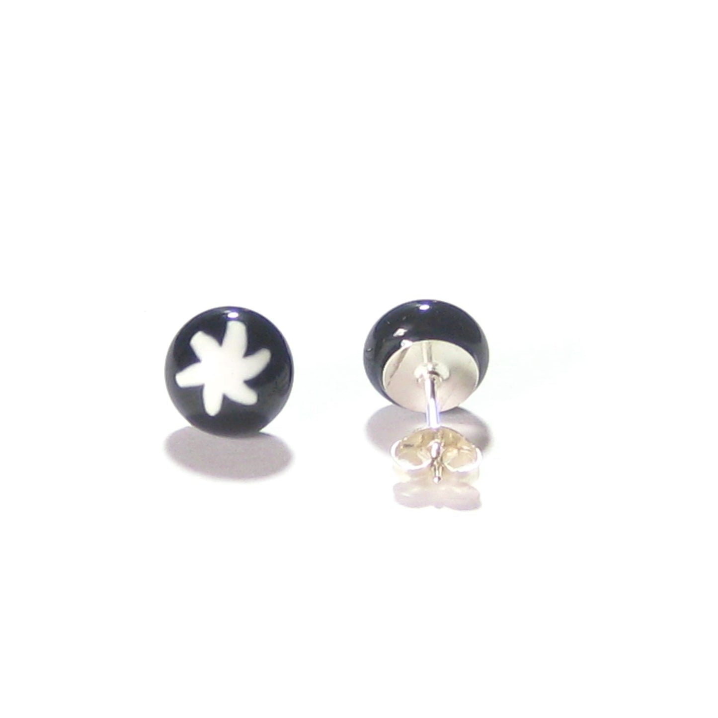 Murano Glass White Star Black Millefiori Sterling Silver Post Stud Earrings - JKC Murano