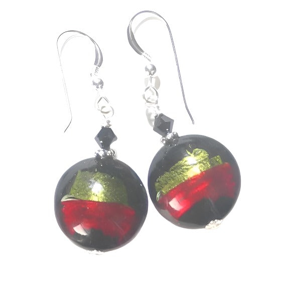 Italian Murano Glass Olive Green Red Black Silver Earrings - JKC Murano