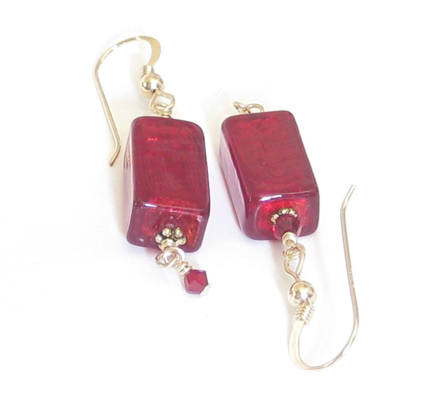 Venetian Glass Red Rectangle Gold Earrings, Gold Filled Fishhooks - JKC Murano