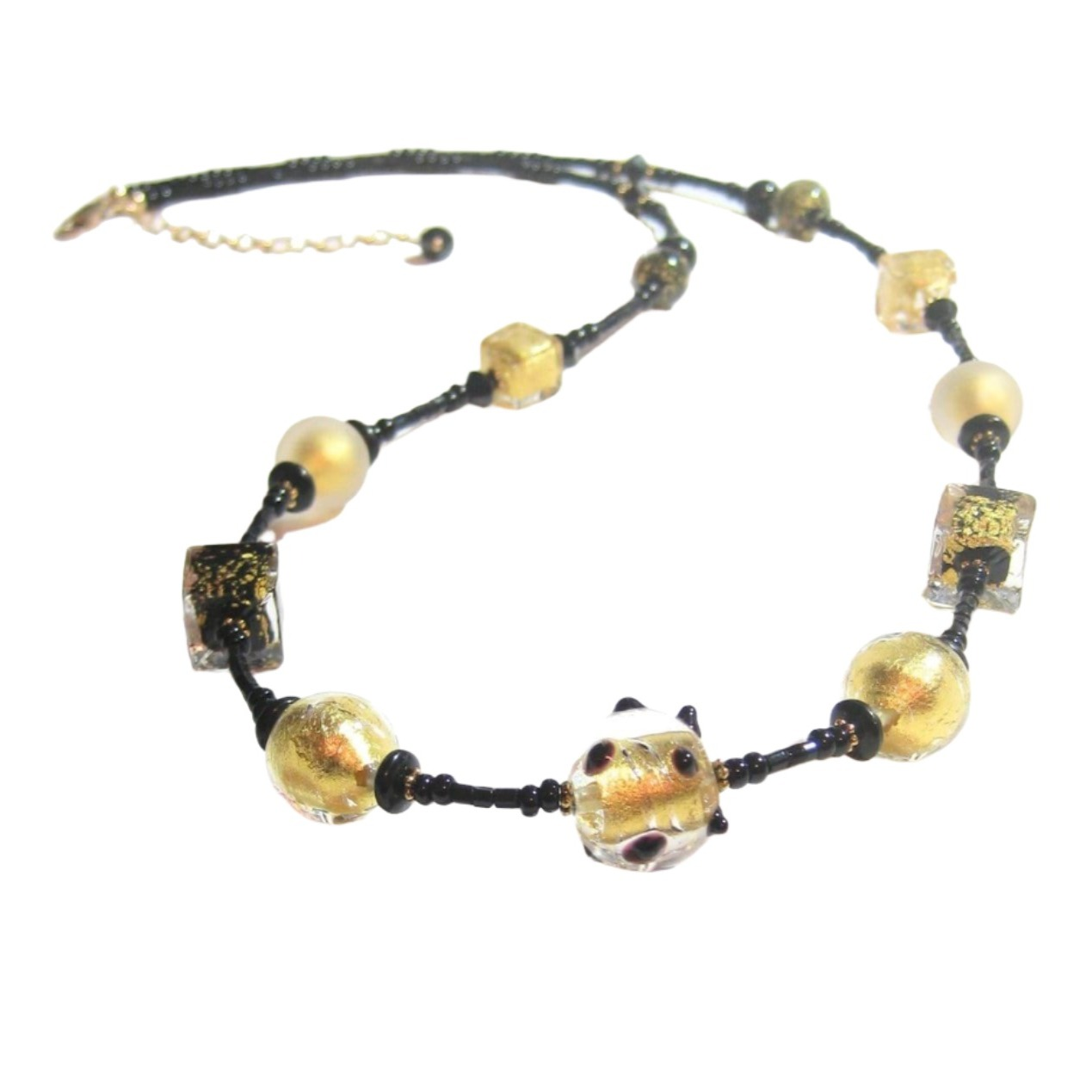 Murano Glass Black Cube Ball Long Gold Necklace, Italian Jewelry - JKC Murano