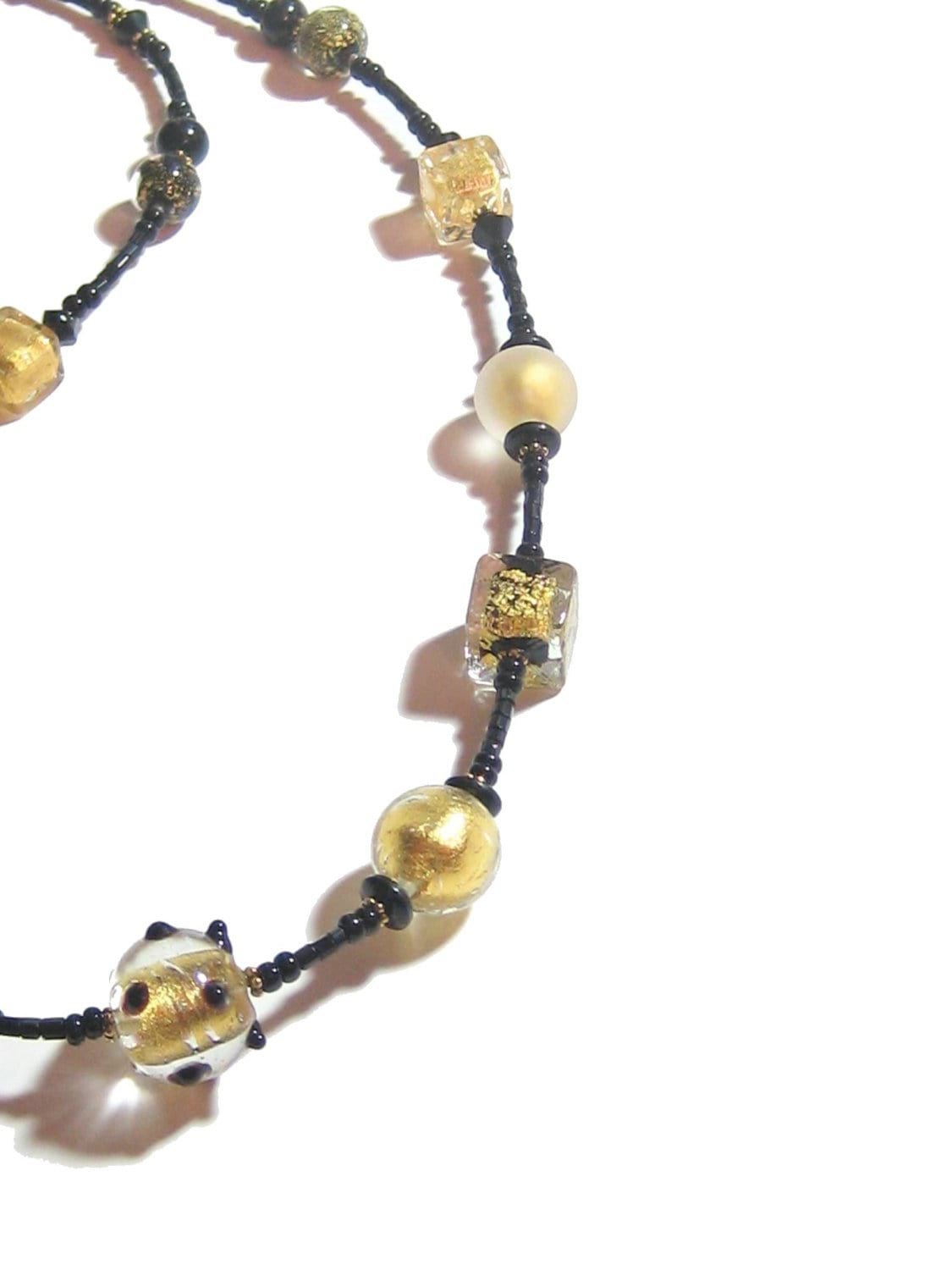 Murano Glass Black Cube Ball Long Gold Necklace, Italian Jewelry - JKC Murano