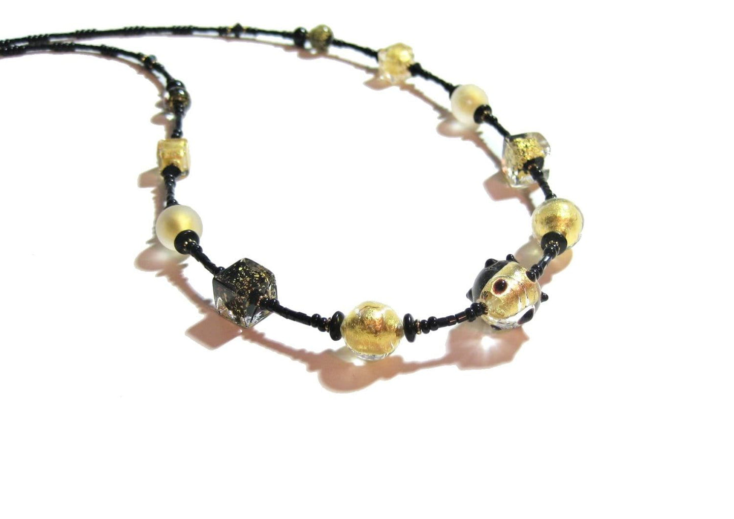 Murano Glass Black Cube Ball Long Gold Necklace, Italian Jewelry - JKC Murano