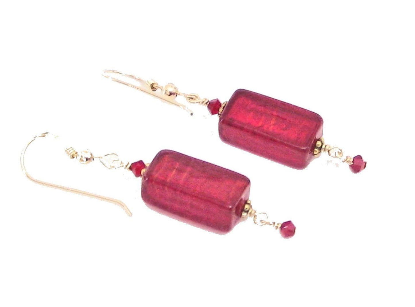 Venetian Glass Red Rectangle Gold Earrings, Gold Filled Fishhooks - JKC Murano