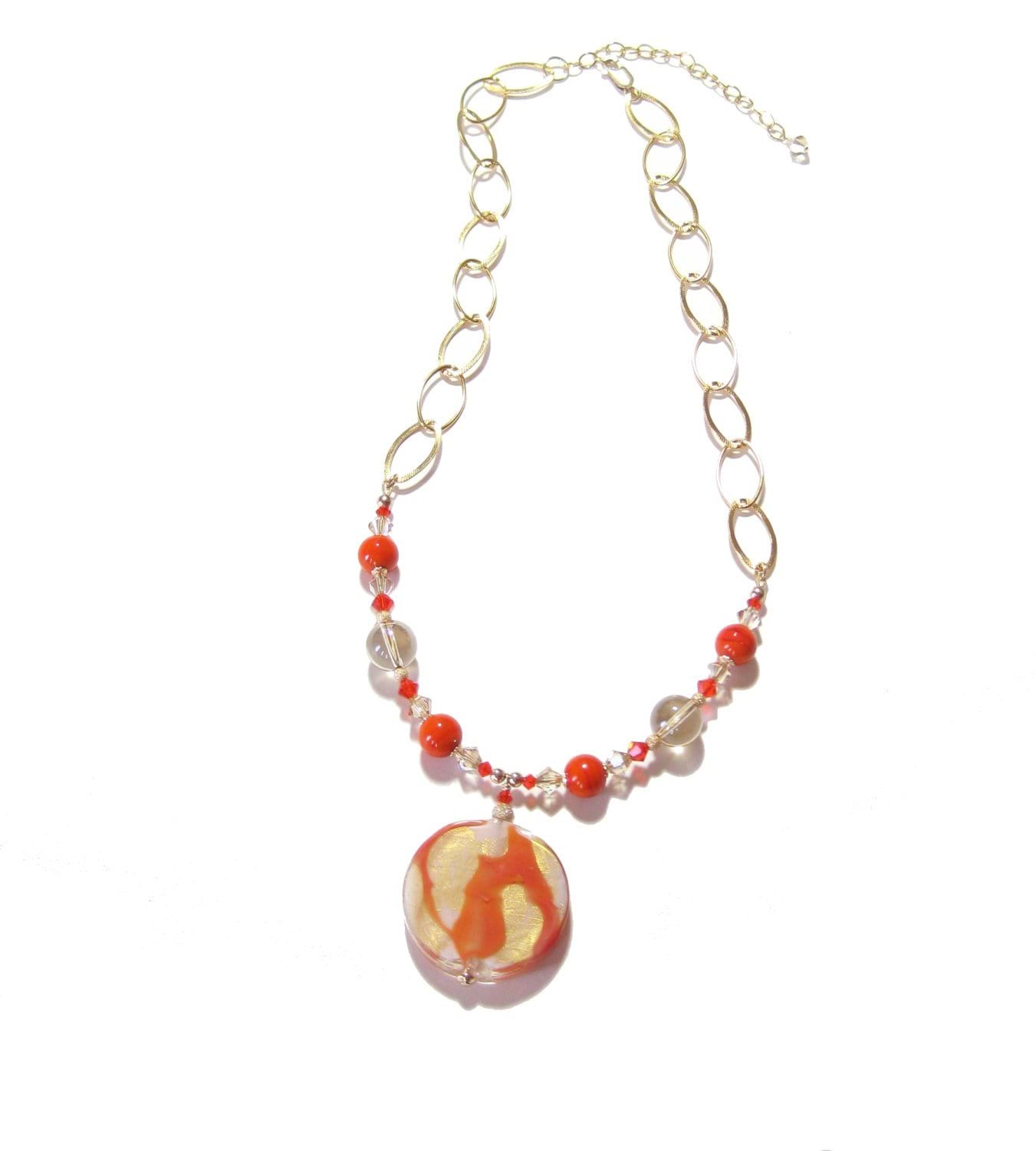 Venetian Glass Orange Pendant Gold Necklace - JKC Murano