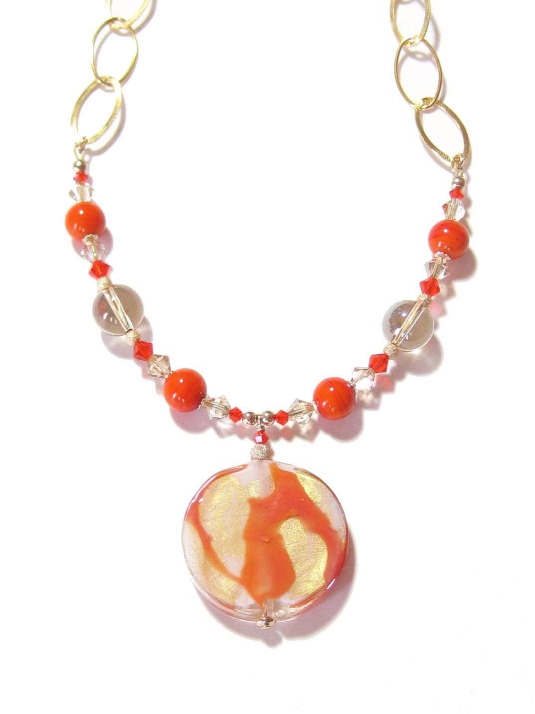 Venetian Glass Orange Pendant Gold Necklace - JKC Murano