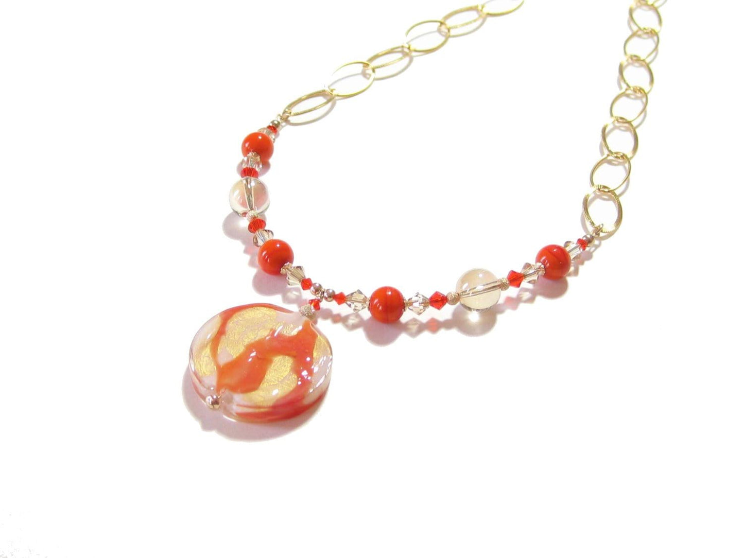 Venetian Glass Orange Pendant Gold Necklace - JKC Murano