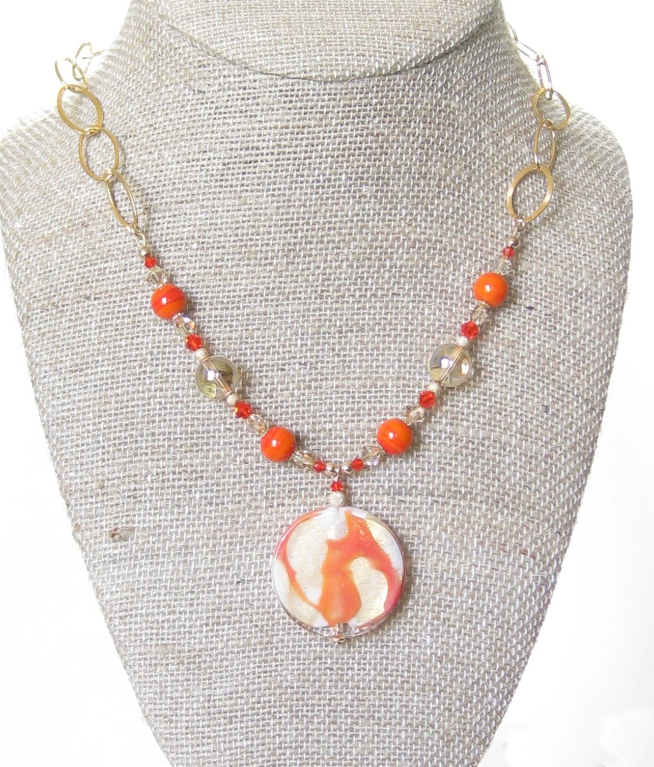 Venetian Glass Orange Pendant Gold Necklace - JKC Murano