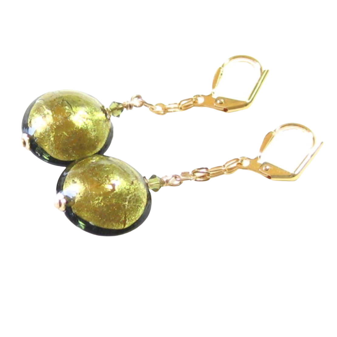 Murano Glass Olive Disc Dangle Gold Earrings, Leverback Earrings - JKC Murano