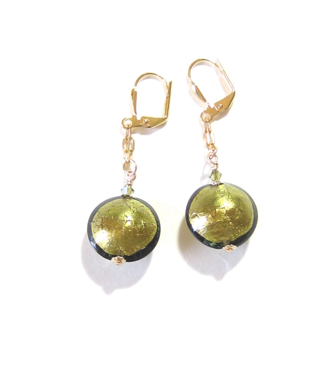 Murano Glass Olive Disc Dangle Gold Earrings, Leverback Earrings - JKC Murano