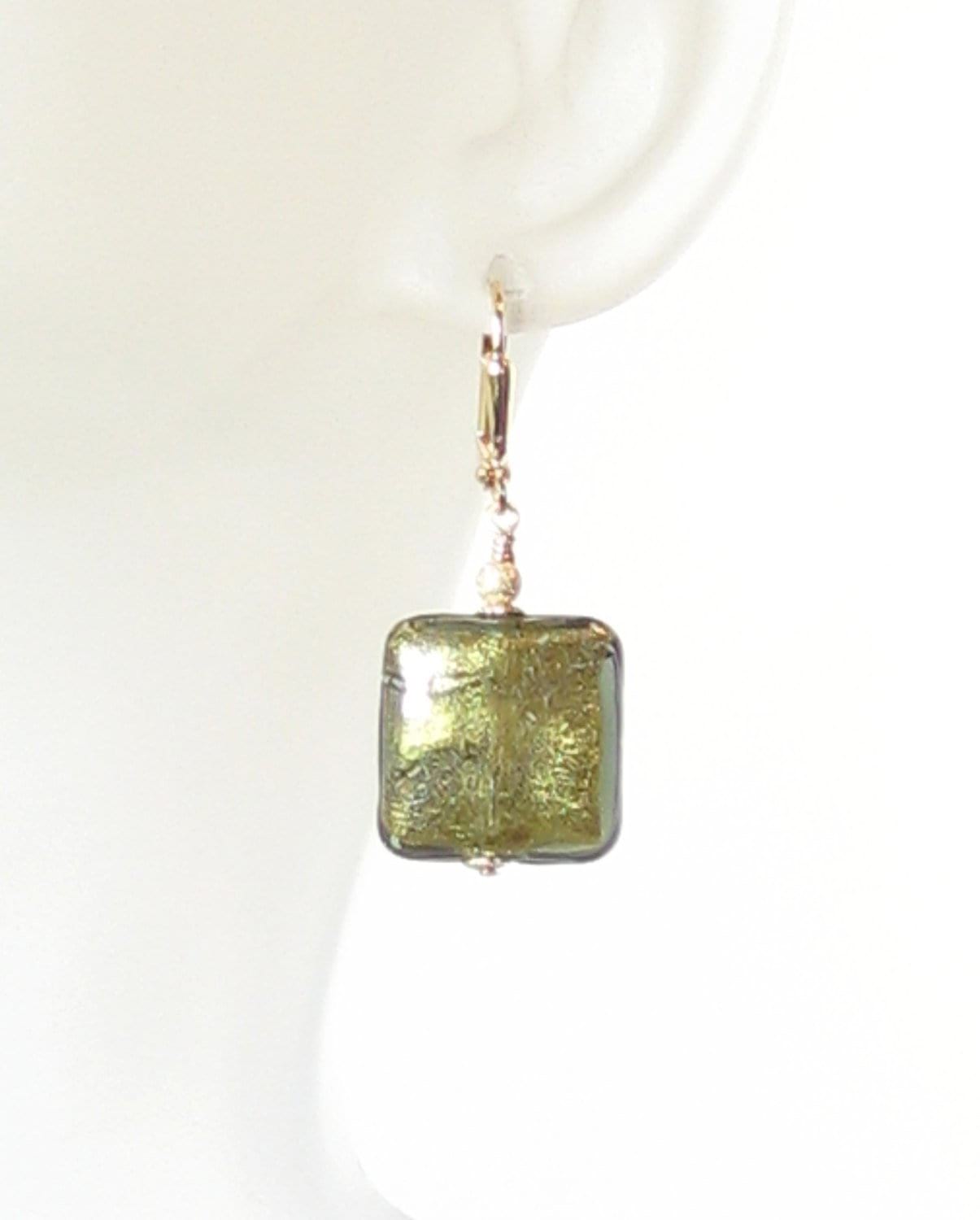 Murano Glass Olive Green Square Gold Earrings, Leverback Earrings - JKC Murano