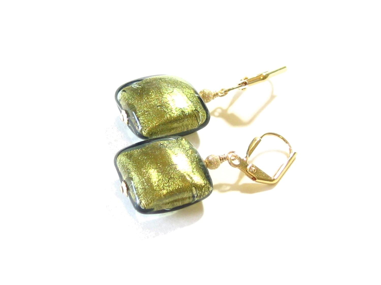 Murano Glass Olive Green Square Gold Earrings, Leverback Earrings - JKC Murano