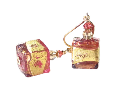 Murano Glass Pink Brown Cube Gold Earrings, Gold Filled Leverbacks - JKC Murano