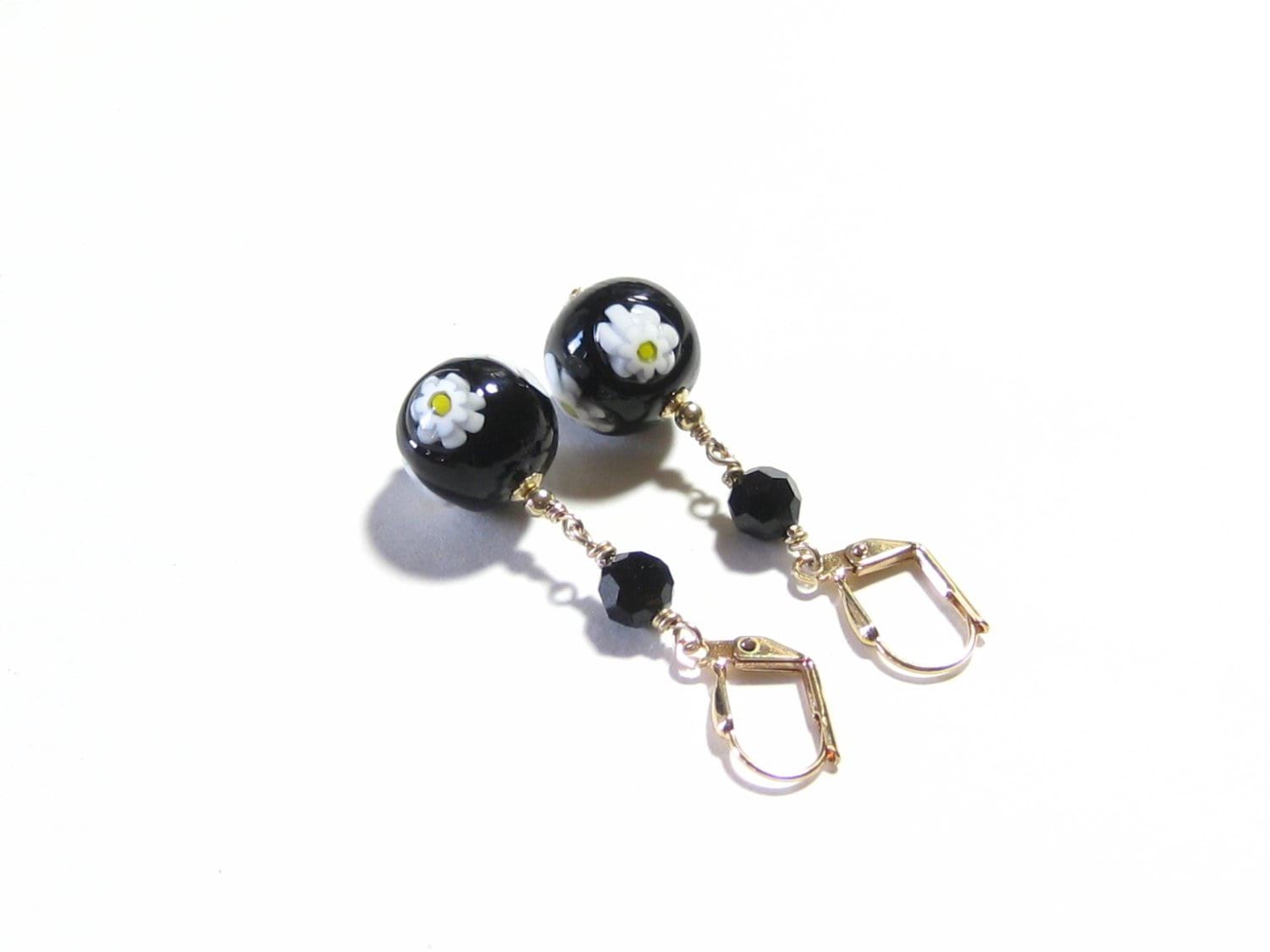 Venetian Glass Millefiori Daisy Black Ball Dangle Gold Earrings, Italian Jewelry - JKC Murano