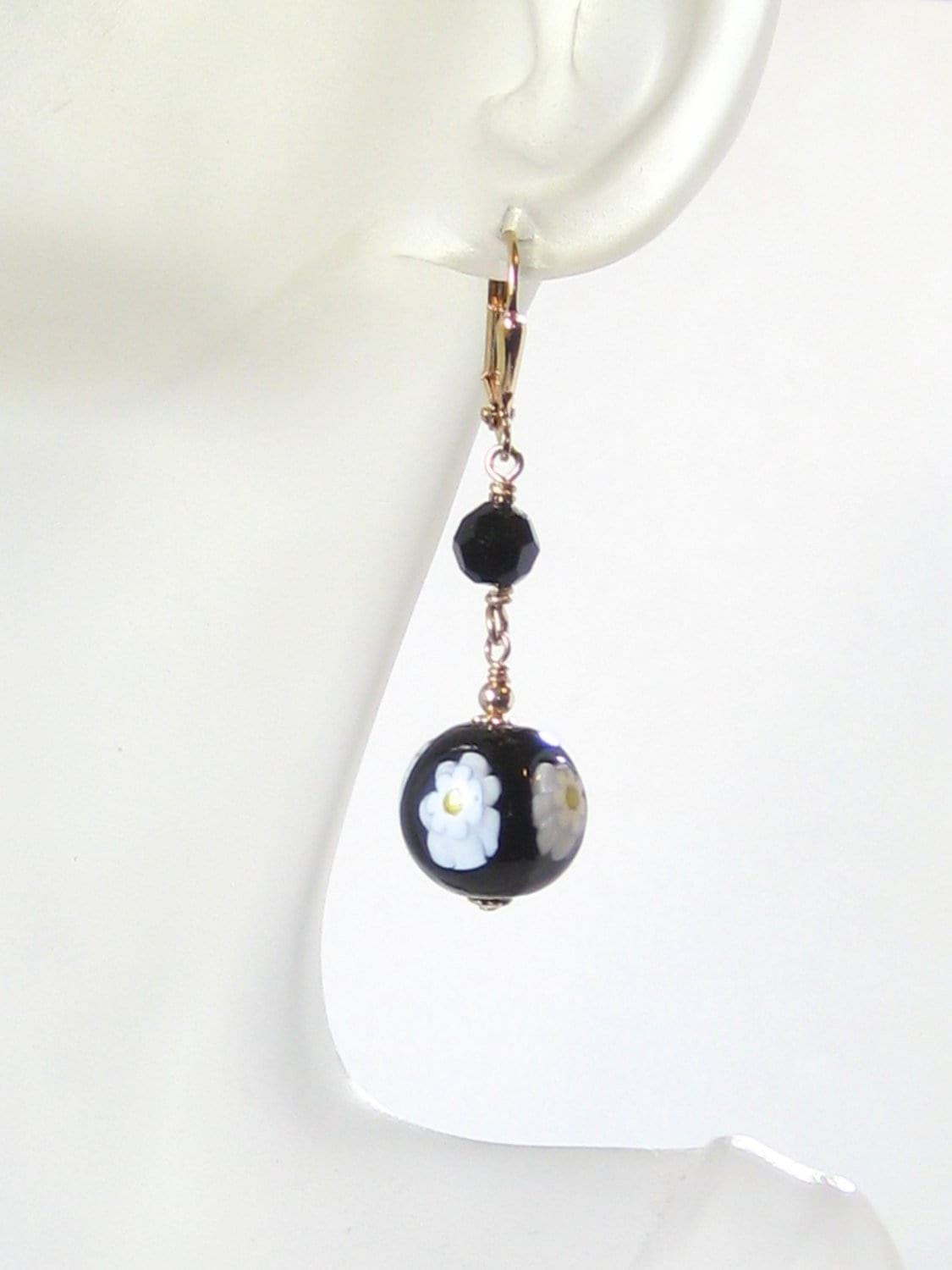 Venetian Glass Millefiori Daisy Black Ball Dangle Gold Earrings, Italian Jewelry - JKC Murano