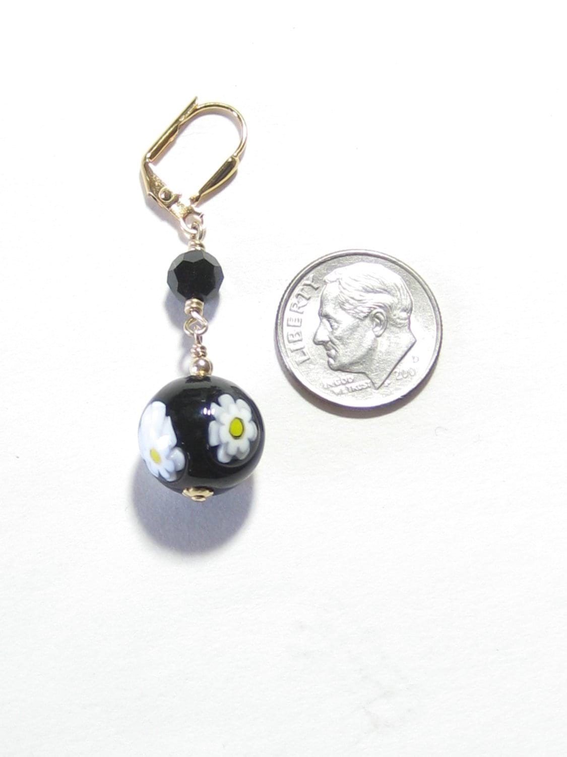 Venetian Glass Millefiori Daisy Black Ball Dangle Gold Earrings, Italian Jewelry - JKC Murano