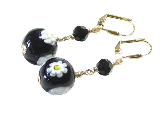 Venetian Glass Millefiori Daisy Black Ball Dangle Gold Earrings, Italian Jewelry - JKC Murano