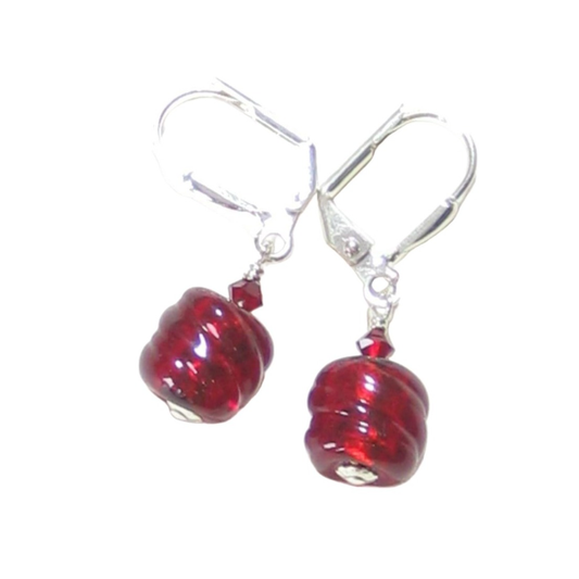 Genuine Murano Glass Small Red Barrel Twist Silver Earrings - JKC Murano