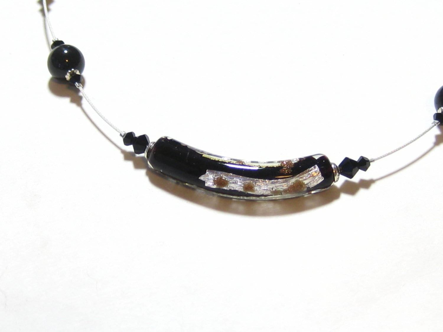 Murano Glass Black Gold Tube Sterling Silver Necklace, Illusion Necklace - JKC Murano