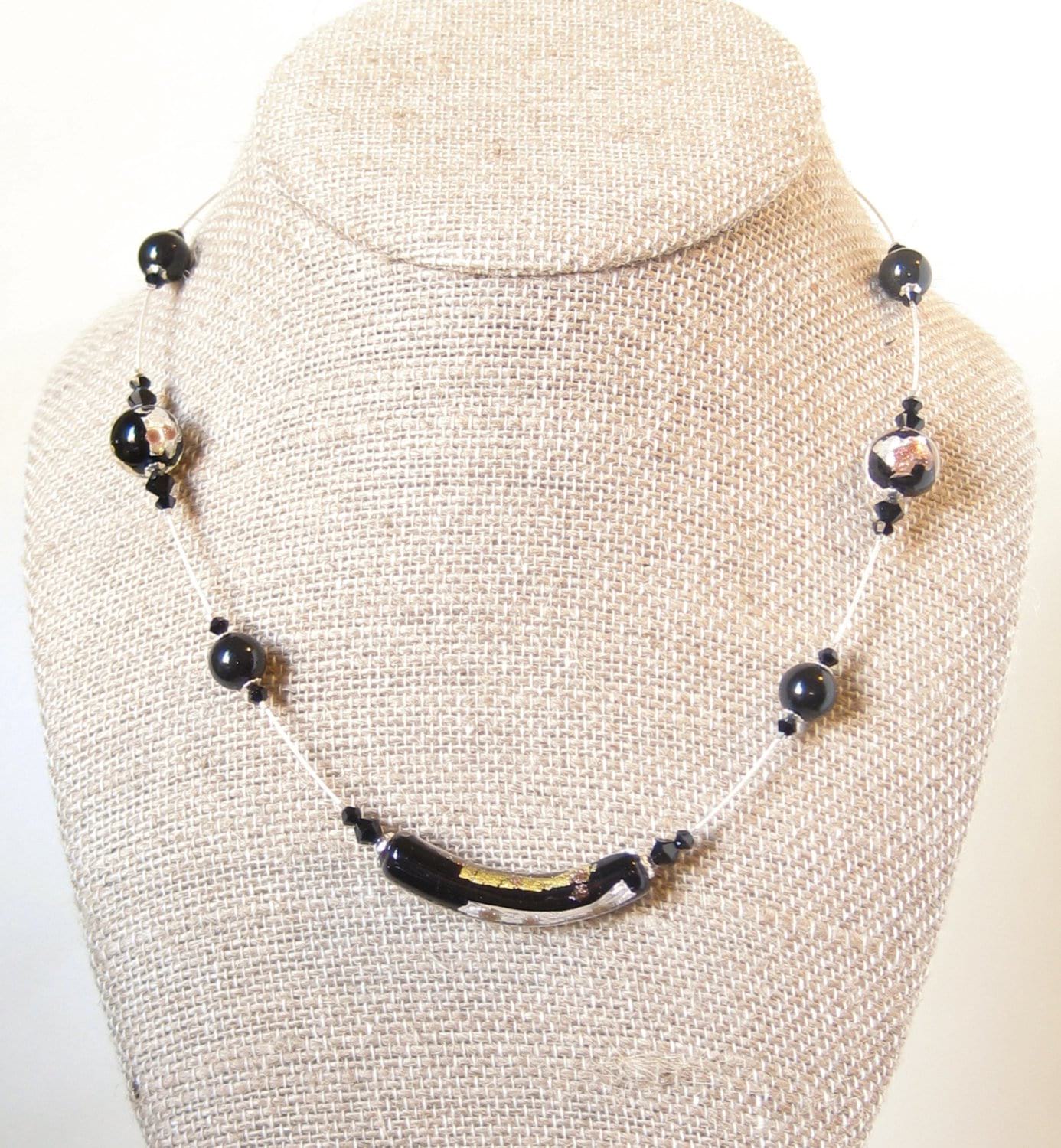 Murano Glass Black Gold Tube Sterling Silver Necklace, Illusion Necklace - JKC Murano