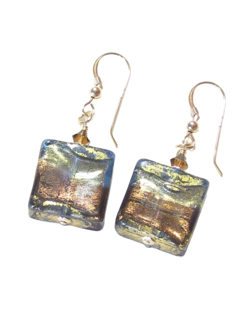 Murano Glass Brown Olive Green Square Chunky Gold Earrings - JKC Murano