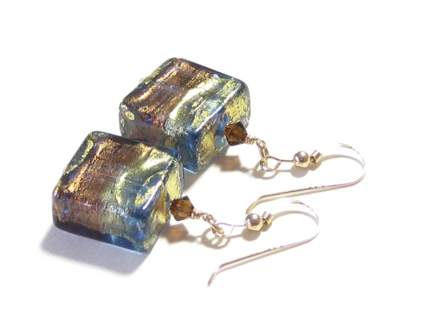 Murano Glass Brown Olive Green Square Chunky Gold Earrings - JKC Murano