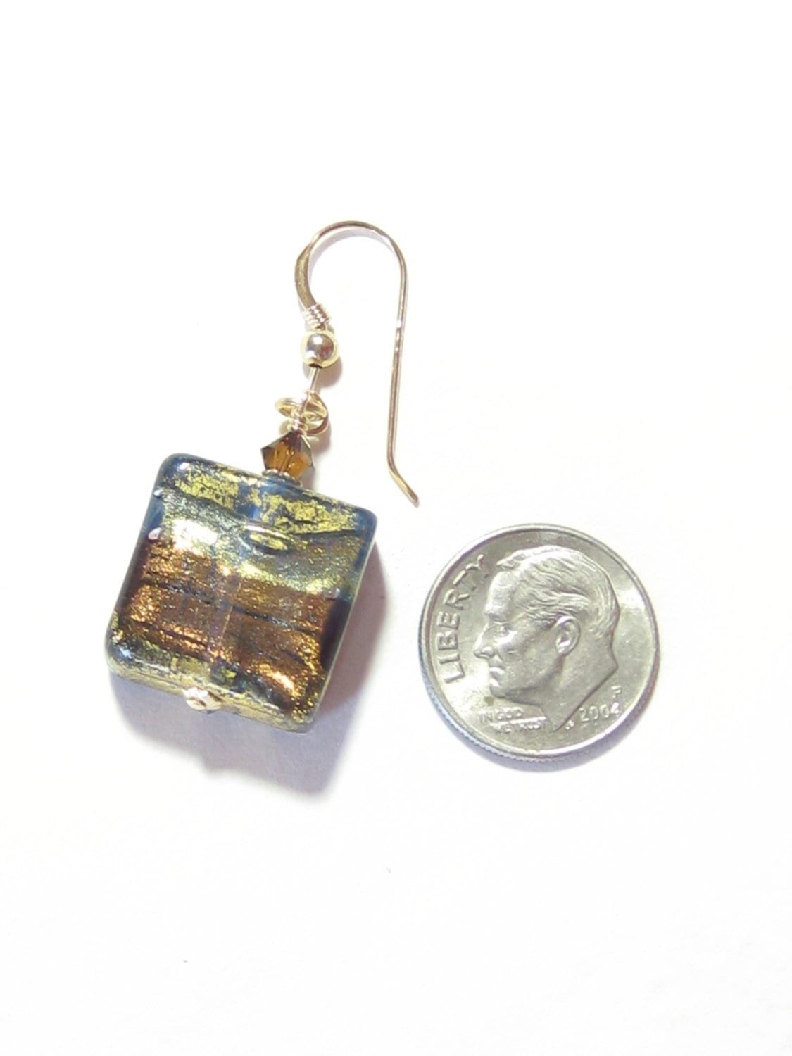 Murano Glass Brown Olive Green Square Chunky Gold Earrings - JKC Murano