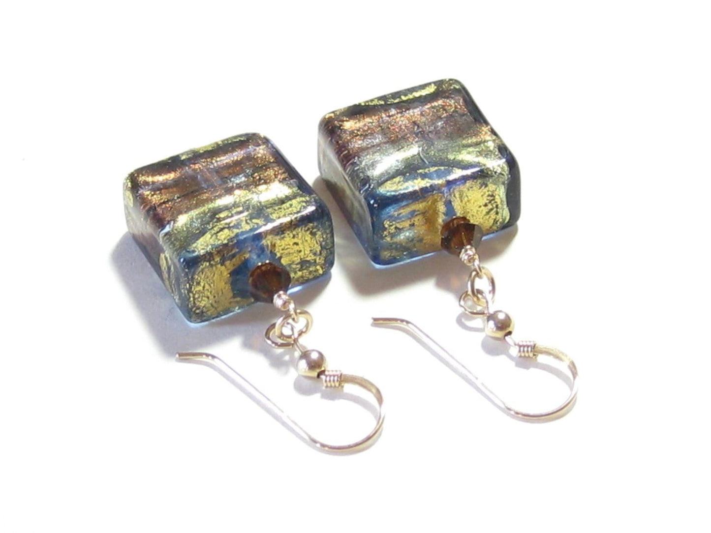 Murano Glass Brown Olive Green Square Chunky Gold Earrings - JKC Murano