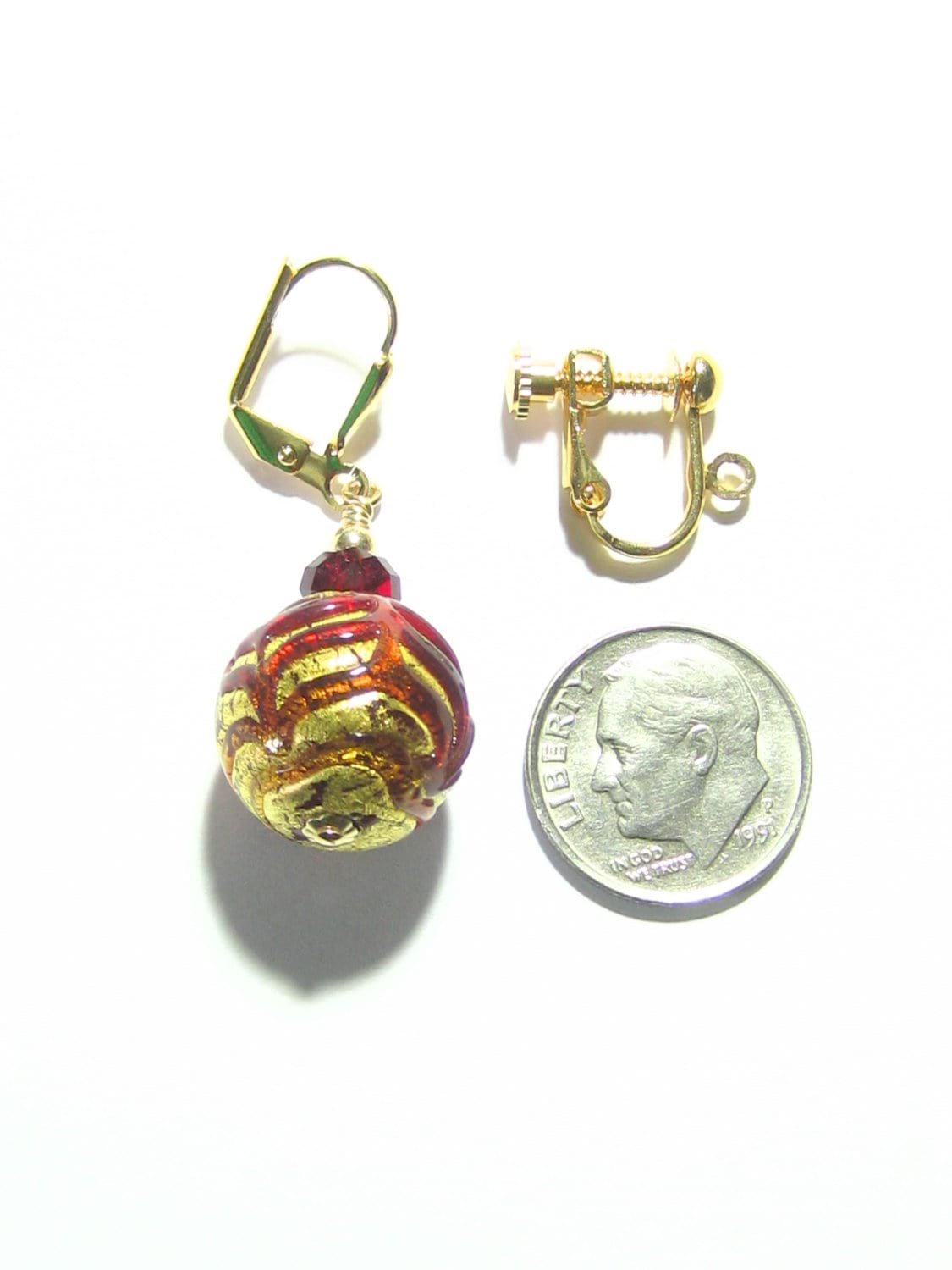 Murano Glass Red Feather Ball Gold Earrings, Leverback Earrings - JKC Murano