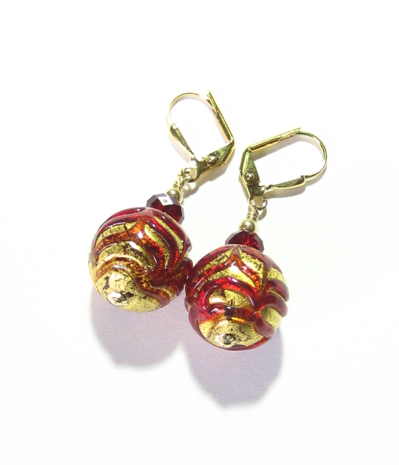 Murano Glass Red Feather Ball Gold Earrings, Leverback Earrings - JKC Murano