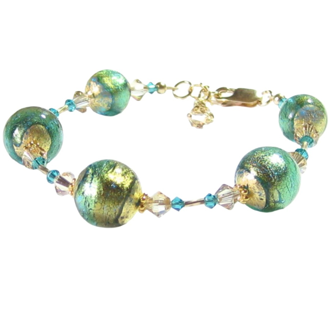 Murano Glass Aqua Gold Olive Green Ball Bracelet - JKC Murano