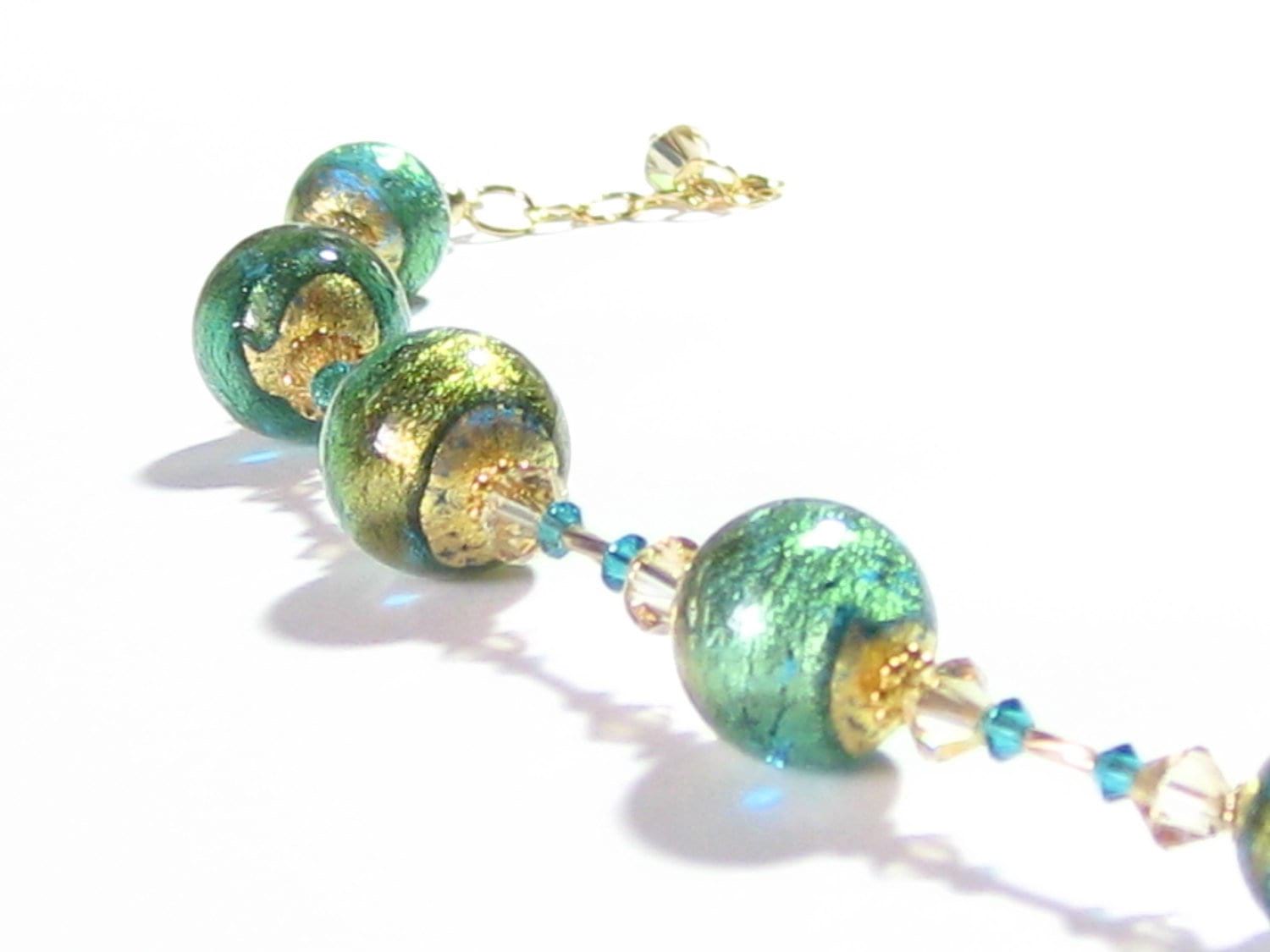 Murano Glass Aqua Gold Olive Green Ball Bracelet - JKC Murano