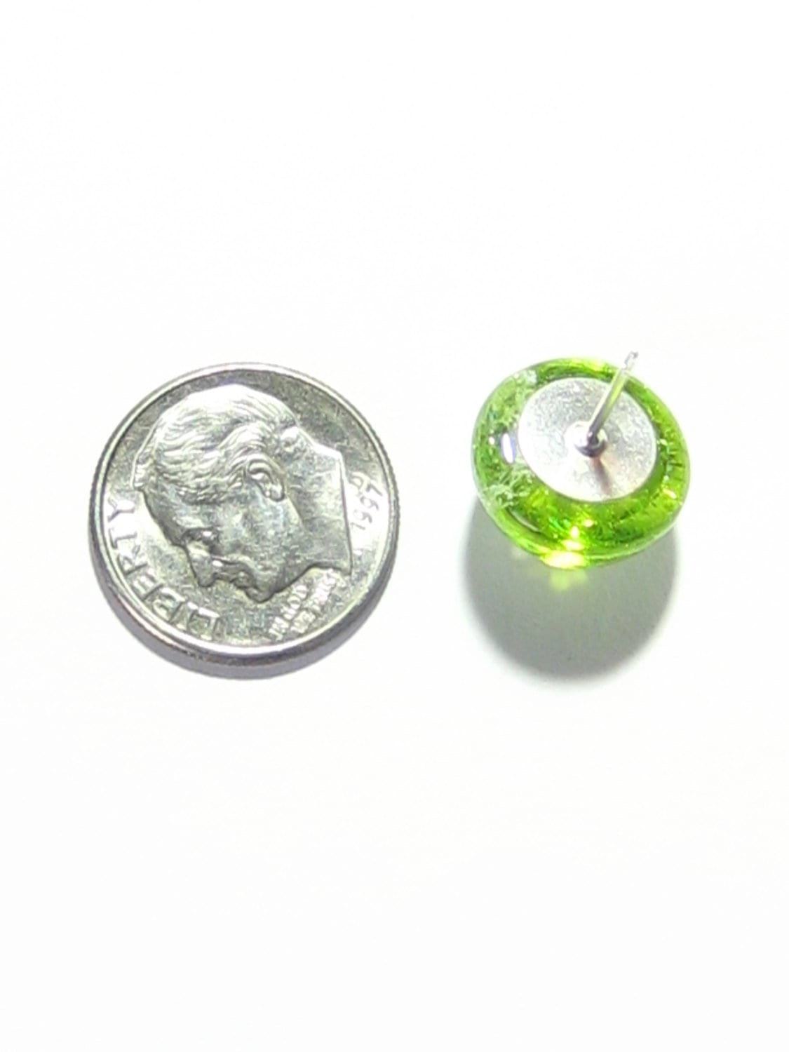 Murano Glass Lime Green Silver Dichroic Button Earrings, Sterling Silver Stud Earrings - JKC Murano