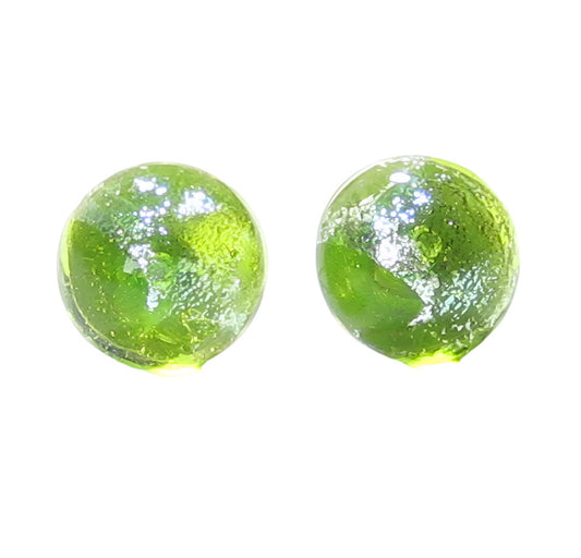 Murano Glass Lime Green Silver Dichroic Button Earrings, Sterling Silver Stud Earrings - JKC Murano