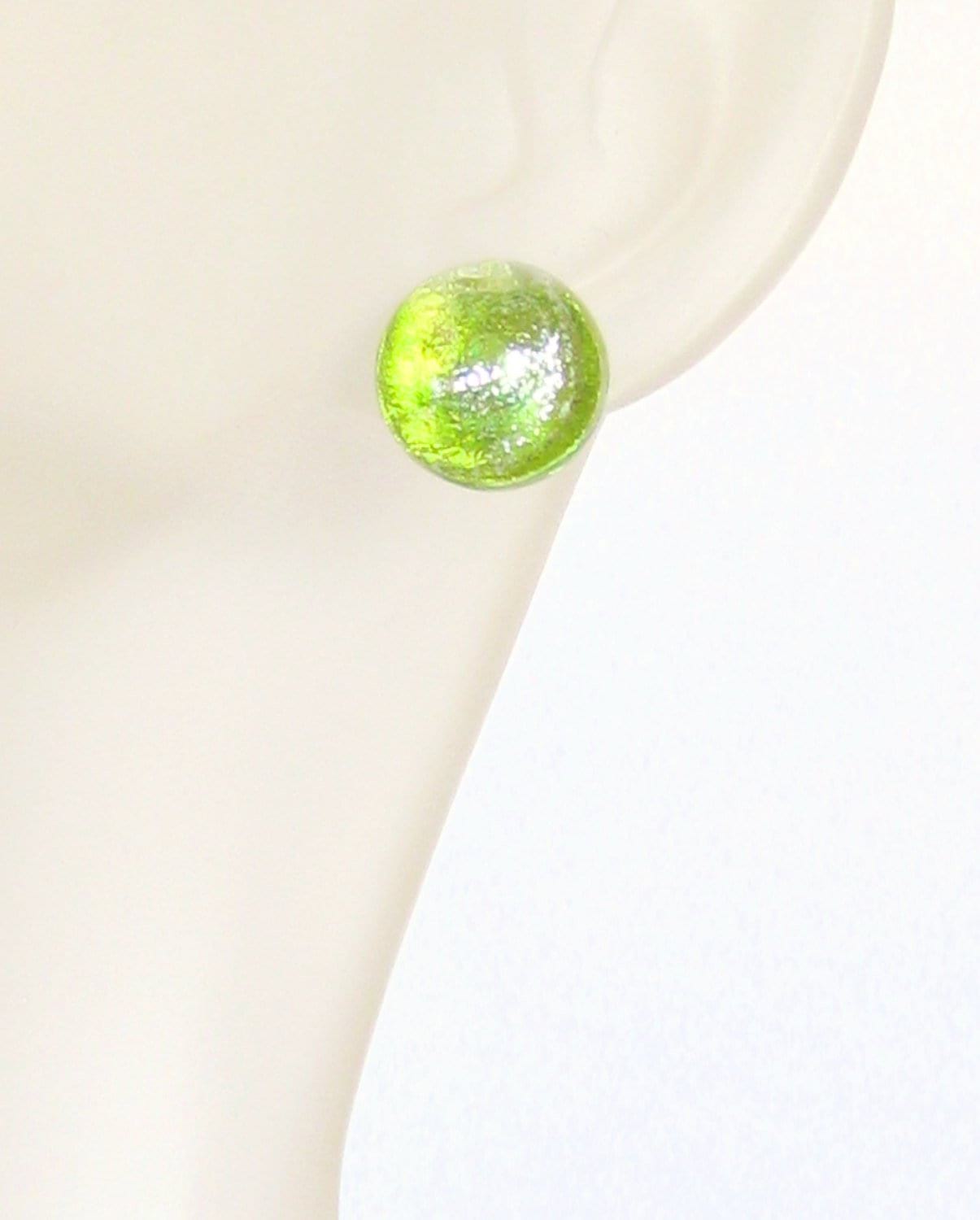 Murano Glass Lime Green Silver Dichroic Button Earrings, Sterling Silver Stud Earrings - JKC Murano