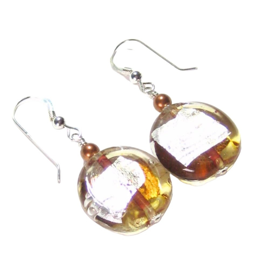 Murano Glass Topaz Disc Silver Earrings, Venetian Glass Custom Made Jewelry - JKC Murano