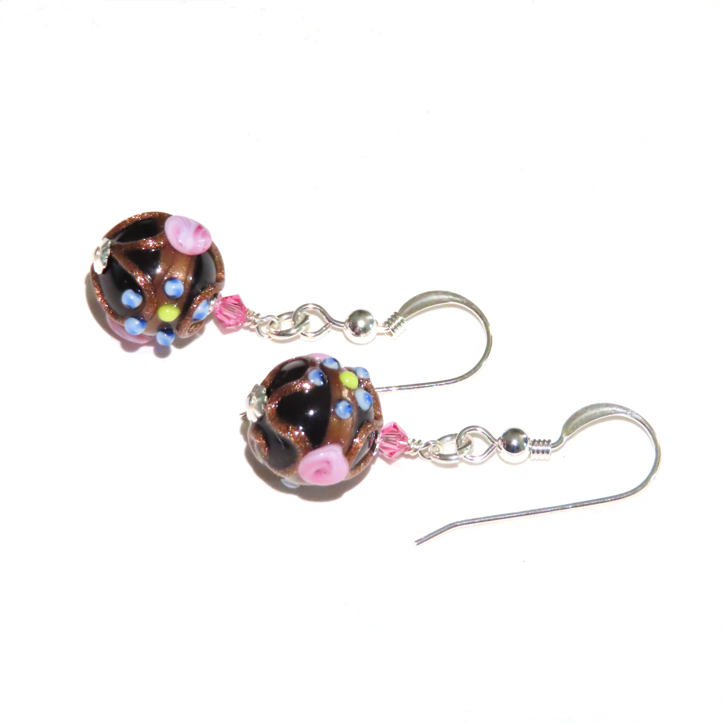 Murano Glass Fiorato Black Wedding Cake Silver Earrings