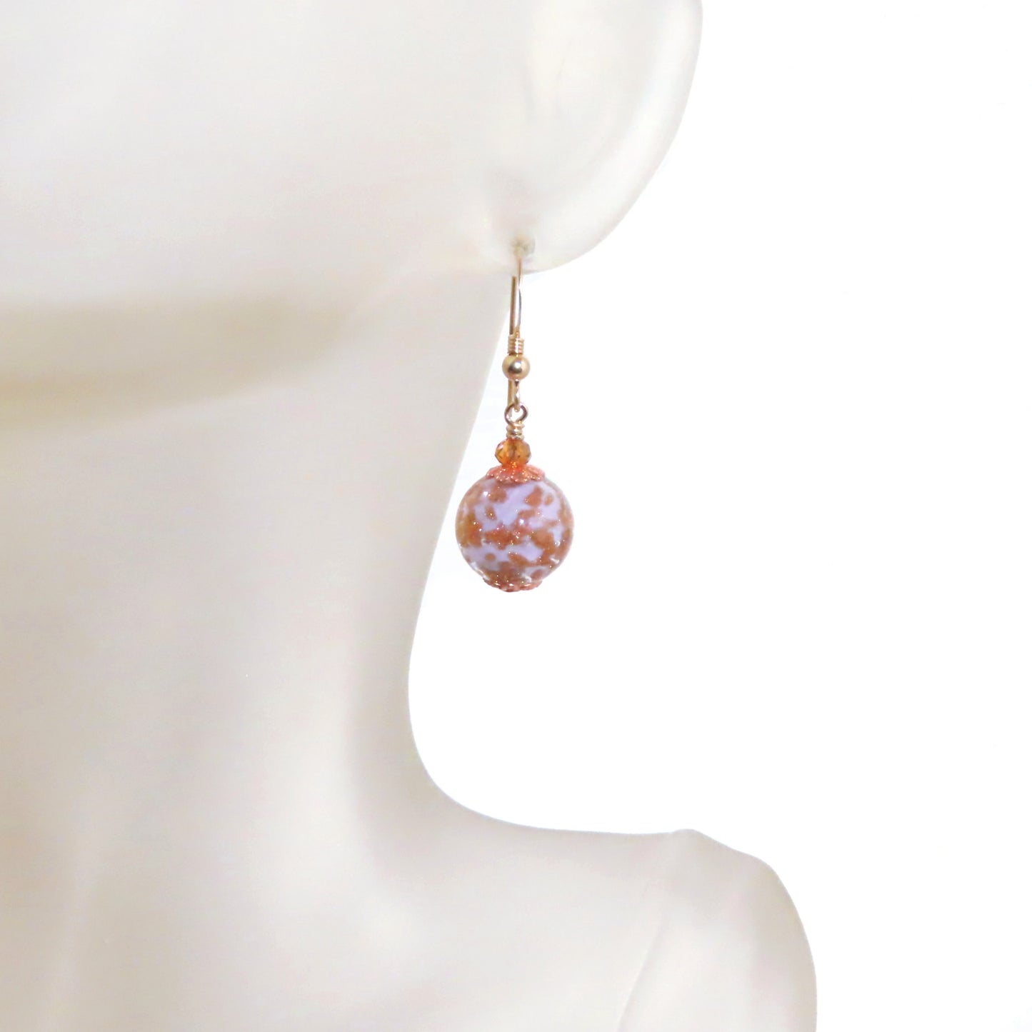 Murano Glass Pale Pink Copper Ball Gold Earrings