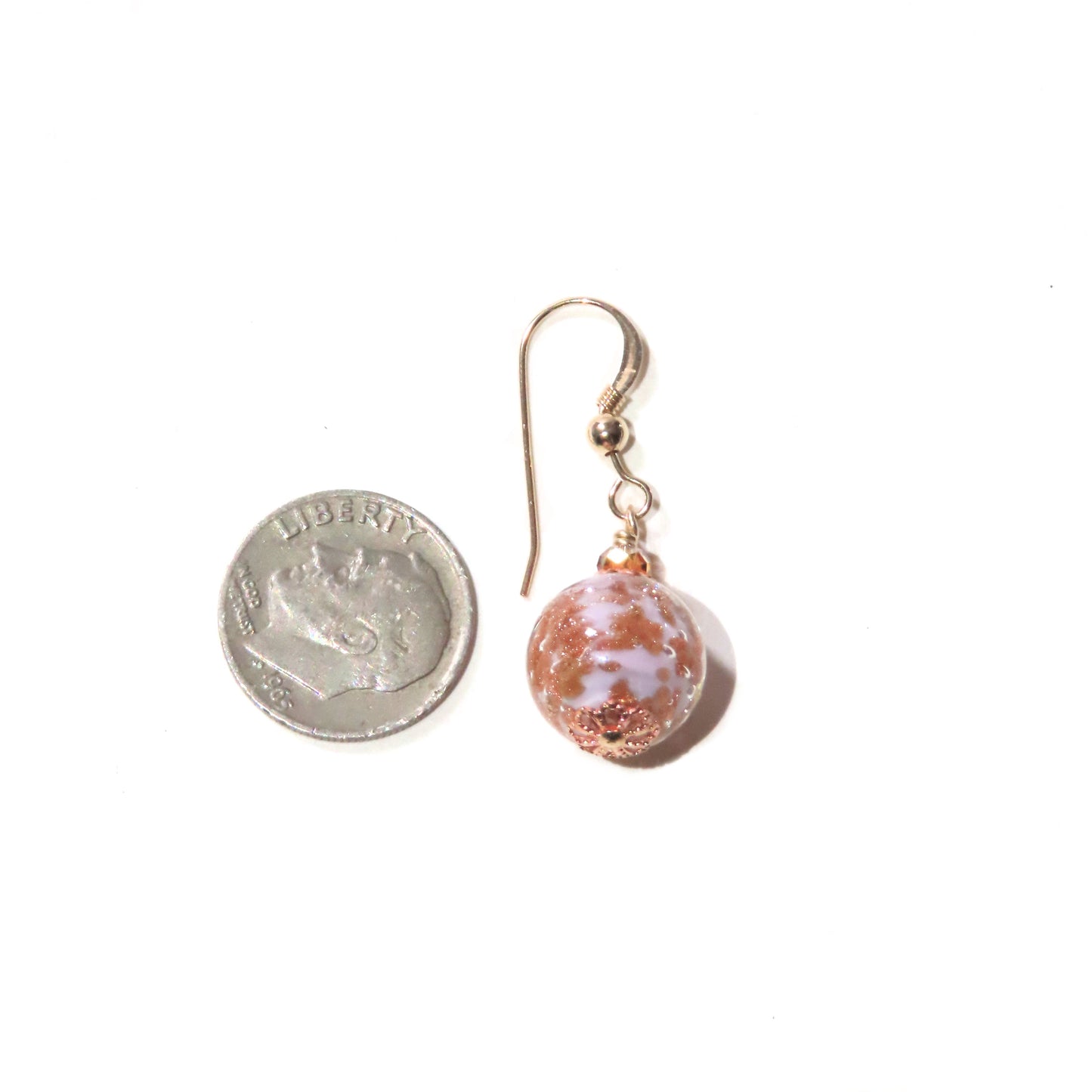 Murano Glass Pale Pink Copper Ball Gold Earrings