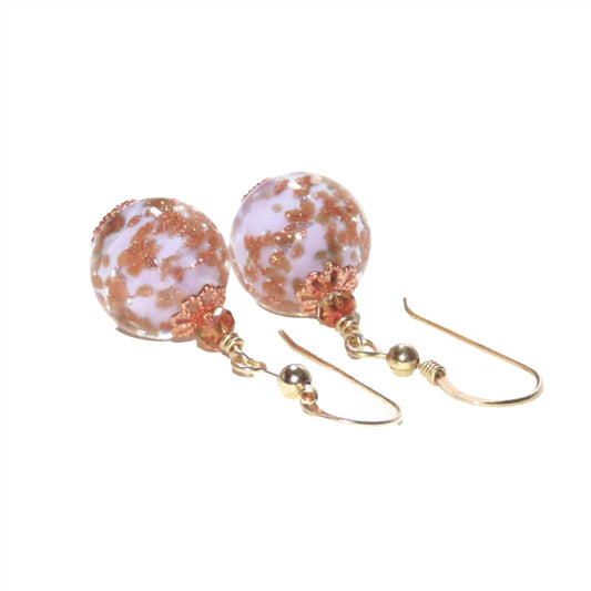 Murano Glass Pale Pink Copper Ball Gold Earrings