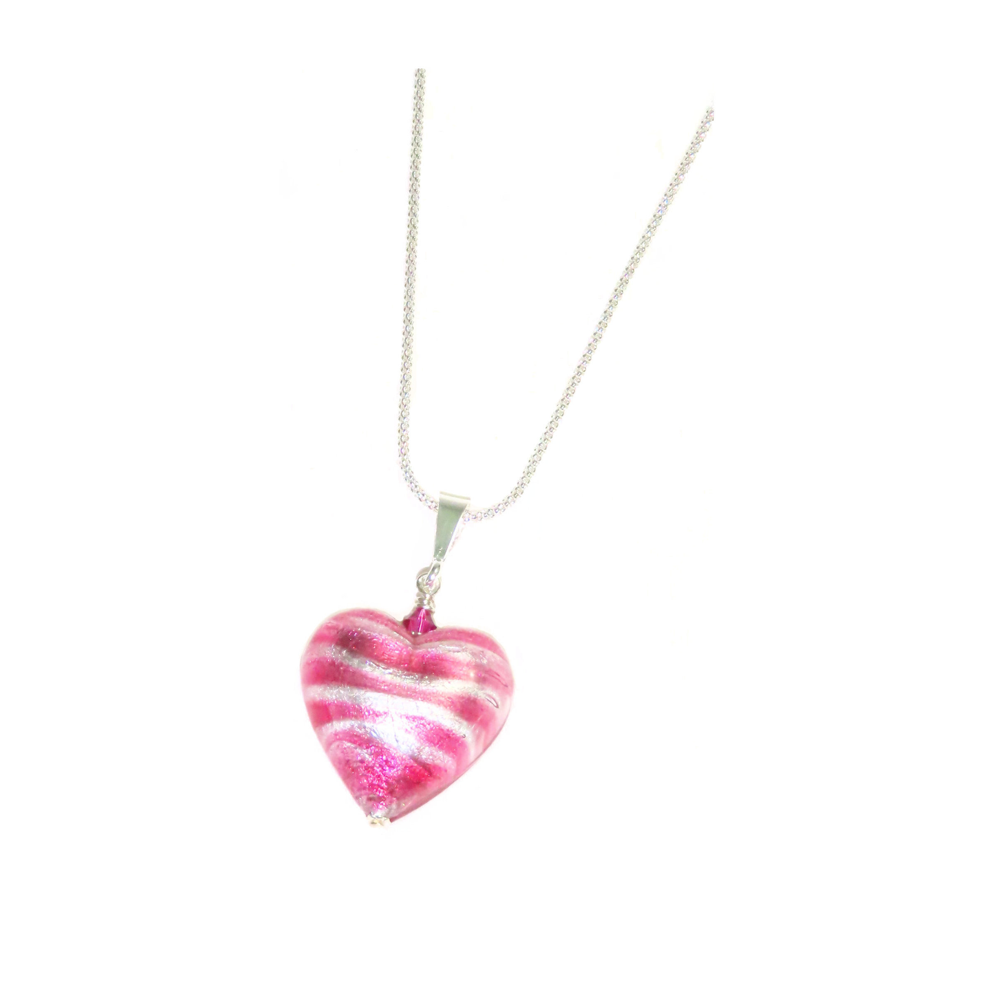 Murano glass pink striped heart pendant necklace with sterling silver chain