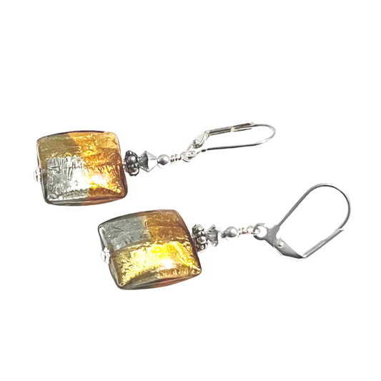 Murano Glass Pillow Square Topaz Gold Silver Earrings