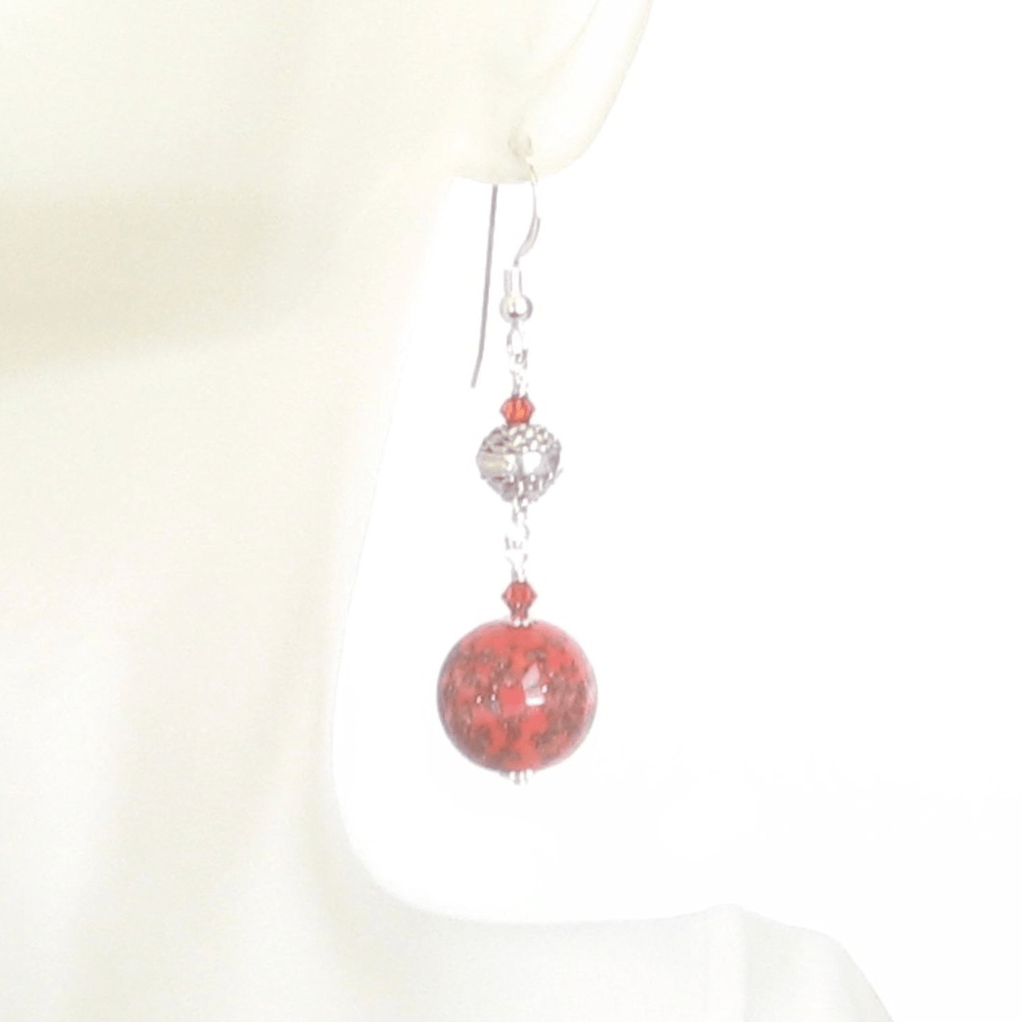 Murano Glass Coral Ball Long Sterling Silver Earrings - JKC Murano