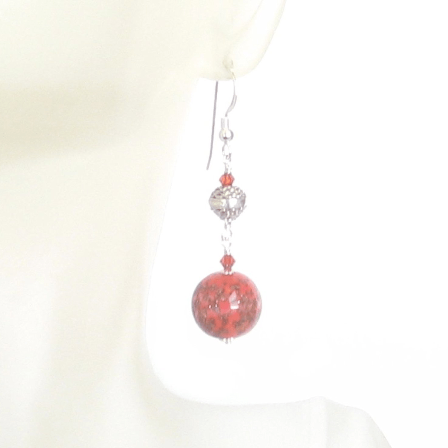 Murano Glass Coral Ball Long Sterling Silver Earrings - JKC Murano