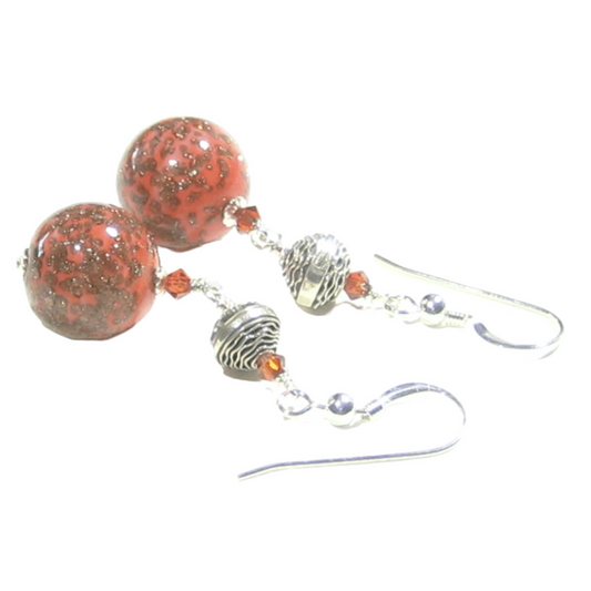 Murano Glass Coral Ball Long Sterling Silver Earrings - JKC Murano