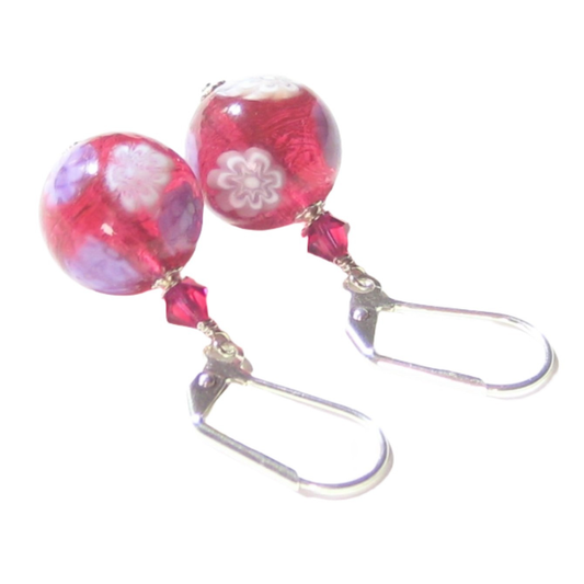 Venetian Glass Pink Millefiori Ball Sterling Silver Earrings - JKC Murano